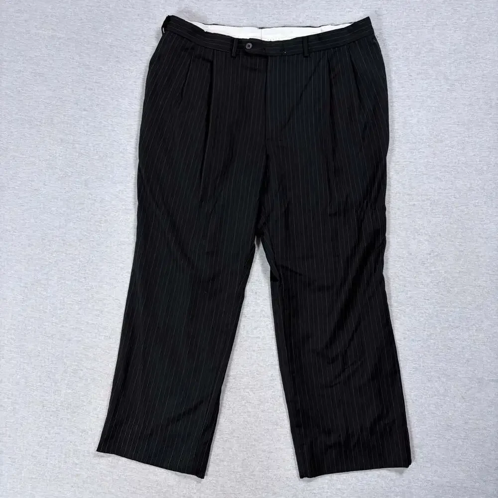 Oscar De La Renta Men's Black Pinstripe Wool Pleated Dress Trousers